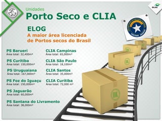 Unidades

Porto Seco e CLIA
ELOG

A maior área licenciada
de Portos secos do Brasil
PS Barueri

CLIA Campinas

PS Curitiba

CLIA São Paulo

PS Uruguaiana

CLIA Santos

PS Foz do Iguaçu

CLIA Curitiba

Área total: 32,400m²

Área total: 150,000m²

Área total: 167,000m²

Área total: 150,000m²

Área total: 65,000m²

Área total: 18,100m²

Área total: 35,000m²

Área total: 72,000 m²

PS Jaguarão

Área total: 60,000m²

PS Santana do Livramento
Área total: 38,000m²

 