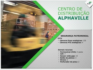 CENTRO DE
DISTRIBUIÇÃO

ALPHAVILLE

SEGURANÇA PATRIMONIAL
CFTV
• Câmaras fixas analógicas: 135
• Câmeras PTZ analógicas: 4

Demais recursos
• Perimentral (IVA): 3 pares
• IVP: 7
• Sensor wide gap: 15
• Botão de pânico: 3
• Sirene: 2
• Perfurador de pneu: 2

 