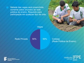 Metade das vagas será preenchida
somente pelos oriundos da rede
pública de ensino. Requisito para
participação em qualquer tipo de cota.




                             Vagas




    Rede Privada       50%        50%    Cotistas
                                         (Rede Pública de Ensino)
 
