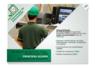 Disponibilidade
de informações dos serviços
prestados (online e offline) com uma
DO INÍCIO AO DESTINO FINAL,
TECNOLOGIA COMO
PRINCIPAL ALIADA
DA LOGÍSTICA EFICIENTE
prestados (online e offline) com uma
maior conectividade entre os
sistemas:
• Sistema webtracking nas áreas
alfandegadas, terminais, contêineres
e fronteiras
• Gerenciamento de armazenagem
(WMS)
• Gestão do transporte (TMS)
• Gestão Corporativa (SAP)
 