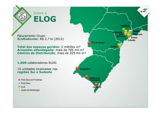 Sobre a
ELOG
Faturamento Grupo
EcoRodovias: R$ 2,7 bi (2012)
Total dos espaços geridos: 2 milhões m²
Armazém alfandegado: mais de 785 mil m²
Centros de Distribuição: mais de 205 mil m²
Campinas
Santos
Foz do Iguaçu
São Paulo
Barueri
Curitiba
Cubatão
São
Bernardo
Imigrantes
1.600 colaboradores ELOG
15 unidades localizadas nas
regiões Sul e Sudeste
Porto Seco
Centro de Distribuição
Porto Seco de Fronteiras
Uruguaiana
Santana do
Livramento
JaguarãoCLIA
 
