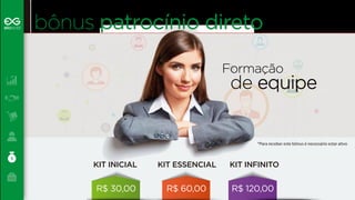 bônus patrocínio direto 
KIT INICIAL 
R$ 30,00 
KIT ESSENCIAL 
R$ 60,00 
Formação 
de equipe 
*Para receber este bônus é necessário estar ativo 
KIT INFINITO 
R$ 120,00 
 