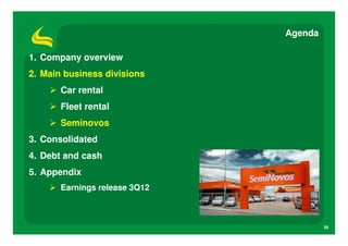 Agenda

1. Company overview
2. Main business divisions
       Car rental
       Fleet rental
       Seminovos
3. Consolidated
4. Debt and cash
5. Appendix
       Earnings release 3Q12



                                        26
 
