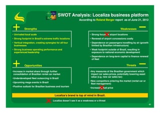 SWOT Analysis: Localiza business platform
                                                                According to Roland Berger report as of June 21, 2012


           Strengths                                                                                   Weaknesses

• Unrivaled local scale                                                   • Strong focus on airport locations
• Strong footprint in Brazil’s extreme traffic locations                  • Renewal of airport concessions costly
• Vertical integration, creating synergies for all four                   • Dependence on passengers travelling by air (growth
  businesses                                                                limited by Brazilian infrastructure)
• Strong business operating performance and                               • Weak footprint outside of Brazil, resulting in
  experienced leadership                                                    exposure to national economic development
                                                                          • Dependence on long-term capital to finance renewal
                                                                            of fleet

           Opportunities                                                                                     Threats

•Increase in market share through further                                 •Any measures of the Brazilian government which
 consolidation of Brazilian rental car market                              impact car sales prices, potentially lowering asset
                                                                           value (e.g. new car sales tax)
•Underdeveloped fleet outsorcing in Brazil
                                                                          •New competitors entering the market (rental car or
•Upcoming mega events in Brazil
                                                                           fleet management)
•Positive outlook for Brazilian business and tourism
                                                                          •Increasing fuel price


                                         Localiza’s brand is top of mind in Brazil.
                                        Localiza doesn’t see it as a weakness or a threat
                                                                                                                                 41
 