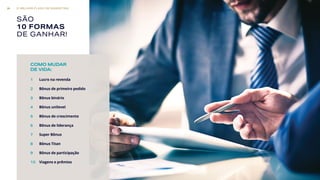SÃO
10 FORMAS
DE GANHAR!
1	 Lucro na revenda
2	 Bônus de primeiro pedido
3	 Bônus binário
4	 Bônus unilevel
5	 Bônus de crescimento
6	 Bônus de liderança
7	 Super Bônus
8	 Bônus Titan
9	 Bônus de participação
10	 Viagens e prêmios
COMO MUDAR
DE VIDA:
O MELHOR PLANO DE MARKETING26
 
