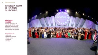 CRESÇA COM
O NOSSO
SUPORTE.
O nosso programa de
capacitação da liderança
feminina: desenvolva as
habilidades para construir
suas equipes de revenda.
Treinamentos em:
•	 Liderança
•	 Marketing pessoal
•	 Redes sociais
•	 Produtos
•	 Vendas
PÉROLAS
HINODE
O MELHOR SUPORTE38
 