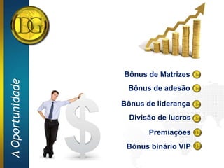 Bônus de Matrizes
A Oportunidade




                  Bônus de adesão

                 Bônus de liderança
                   Divisão de lucros
                        Premiações
                  Bônus binário VIP
 