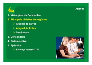 Agenda

1. Visão geral da Companhia
2. Principais divisões de negócios
       Aluguel de carros
       Aluguel de frotas
       Seminovos
3. Consolidado
4. Dívida e caixa
5. Apêndice
       Earnings release 2T12



                                              21
 