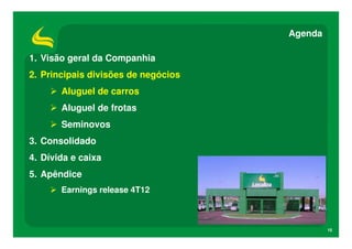 Agenda

1. Visão geral da Companhia
2. Principais divisões de negócios
       Aluguel de carros
       Aluguel de frotas
       Seminovos
3. Consolidado
4. Dívida e caixa
5. Apêndice
       Earnings release 4T12



                                              15
 