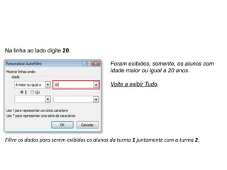Na linha ao lado digite 20.

                                            Foram exibidos, somente, os alunos com
                                            idade maior ou igual a 20 anos.

                                            Volte a exibir Tudo.




Filtre os dados para serem exibidos os alunos da turma 1 juntamente com a turma 2.
 