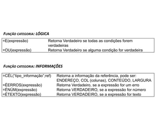 FUNÇÃO CATEGORIA: LÓGICA
=E(expressão)            Retorna Verdadeiro se todas as condições forem
                         verdadeiras
=OU(expressão)           Retorna Verdadeiro se alguma condição for verdadeira



FUNÇÃO CATEGORIA: INFORMAÇÕES

=CÉL(“tipo_informação”;ref)   Retorna a informação da referência, pode ser:
                              ENDEREÇO, COL (colunas), CONTEÚDO, LARGURA
=ÉERROS(expressão)            Retorna Verdadeiro, se a expressão for um erro
=ÉNÚM(expressão)              Retorna VERDADEIRO, se a expressão for número
=ÉTEXTO(expressão)            Retorna VERDADEIRO, se a expressão for texto
 