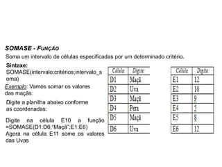 SOMASE - FUNÇÃO
Soma um intervalo de células especificadas por um determinado critério.
Sintaxe:
SOMASE(intervalo;critérios;intervalo_s
oma)
Exemplo: Vamos somar os valores
das maçãs:
Digite a planilha abaixo conforme
as coordenadas:

Digite na célula E10 a função
=SOMASE(D1:D6;“Maçã”;E1:E6)
Agora na célula E11 some os valores
das Uvas
 