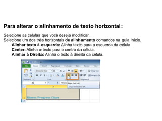 Para alterar o alinhamento de texto horizontal:
Selecione as células que você deseja modificar.
Selecione um dos três horizontais de alinhamento comandos na guia Início.
    Alinhar texto à esquerda: Alinha texto para a esquerda da célula.
    Center: Alinha o texto para o centro da célula.
    Alinhar à Direita: Alinha o texto à direita da célula.
 