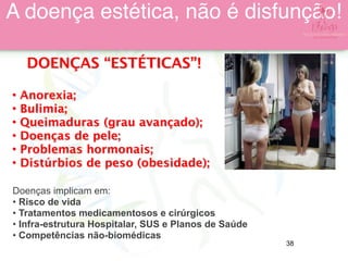 DOENÇAS “ESTÉTICAS”!
• Anorexia;
• Bulimia;
• Queimaduras (grau avançado);
• Doenças de pele;
• Problemas hormonais;
• Distúrbios de peso (obesidade);
Doenças implicam em:
• Risco de vida
• Tratamentos medicamentosos e cirúrgicos
• Infra-estrutura Hospitalar, SUS e Planos de Saúde
• Competências não-biomédicas
A doença estética, não é disfunção!
38
 