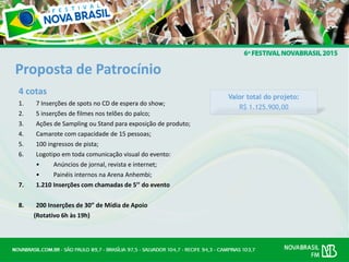 4 cotas
1. 7 Inserções de spots no CD de espera do show;
2. 5 inserções de filmes nos telões do palco;
3. Ações de Sampling ou Stand para exposição de produto;
4. Camarote com capacidade de 15 pessoas;
5. 100 ingressos de pista;
6. Logotipo em toda comunicação visual do evento:
• Anúncios de jornal, revista e internet;
• Painéis internos na Arena Anhembi;
7. 1.210 Inserções com chamadas de 5’’ do evento
8. 200 Inserções de 30” de Mídia de Apoio
(Rotativo 6h às 19h)
Proposta de Patrocínio
Valor total do projeto:
R$ 1.125.900,00
 