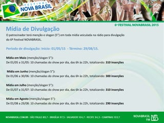 Mídia de Divulgação
O patrocinador terá menção e slogan (5”) em toda mídia veiculada na rádio para divulgação
do 6º Festival NOVABRASIL.
Período de divulgação: Início: 01/05/15 - Término: 29/08/15.
Mídia em Maio (menção/slogan 5”):
De 01/05 a 31/05: 10 chamadas do show por dia, das 6h às 22h, totalizando: 310 inserções
Mídia em Junho (menção/slogan 5”):
De 01/06 a 30/06: 10 chamadas do show por dia, das 6h às 22h, totalizando: 300 inserções
Mídia em Julho (menção/slogan 5”):
De 01/07 a 31/07: 10 chamadas do show por dia, das 6h às 22h, totalizando: 310 inserções
Mídia em Agosto (menção/slogan 5”):
De 01/08 a 29/08: 10 chamadas do show por dia, das 6h às 22h, totalizando: 290 inserções
 