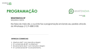 WHATSNOVA SP
SEGUNDA A SEXTA
Na faixa do meio dia, o ouvinte faz a programação enviando seu pedido através
do Whatsapp (11) 9 4380 5100.
PROGRAMAÇÃO
ENTREGAS COMERCIAIS
 Abertura de5” com menção e slogan;
 01 comerciais de 30” na abertura;
 Encerramento de 5” com menção e slogan;
 01 comercial de 30” no encerramento.
 
