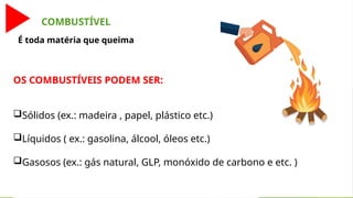 COMBUSTÍVEL
É toda matéria que queima
OS COMBUSTÍVEIS PODEM SER:
Sólidos (ex.: madeira , papel, plástico etc.)
Líquidos ( ex.: gasolina, álcool, óleos etc.)
Gasosos (ex.: gás natural, GLP, monóxido de carbono e etc. )
 