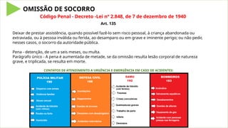 OMISSÃO DE SOCORRO
Código Penal - Decreto -Lei nº 2.848, de 7 de dezembro de 1940
Art. 135
Deixar de prestar assistência, quando possível fazê-lo sem risco pessoal, à criança abandonada ou
extraviada, ou à pessoa inválida ou ferida, ao desamparo ou em grave e iminente perigo; ou não pedir,
nesses casos, o socorro da autoridade pública.
Pena - detenção, de um a seis meses, ou multa.
Parágrafo único - A pena é aumentada de metade, se da omissão resulta lesão corporal de natureza
grave, e triplicada, se resulta em morte.
CONTATOS DE ATENDIMENTO A URGÊNCIA E EMERGÊNCIA EM CASO DE ACIDENTES:
 