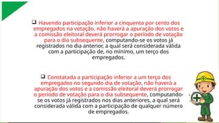  Havendo participação inferior a cinquenta por cento dos
empregados na votação, não haverá a apuração dos votos e
a comissão eleitoral deverá prorrogar o período de votação
para o dia subsequente, computando-se os votos já
registrados no dia anterior, a qual será considerada válida
com a participação de, no mínimo, um terço dos
empregados.
 Constatada a participação inferior a um terço dos
empregados no segundo dia de votação, não haverá a
apuração dos votos e a comissão eleitoral deverá prorrogar
o período de votação para o dia subsequente, computando-
se os votos já registrados nos dias anteriores, a qual será
considerada válida com a participação de qualquer número
de empregados.
 