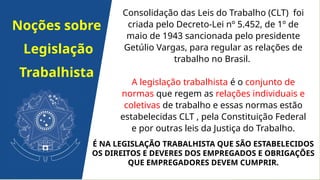 Consolidação das Leis do Trabalho (CLT) foi
criada pelo Decreto-Lei nº 5.452, de 1º de
maio de 1943 sancionada pelo presidente
Getúlio Vargas, para regular as relações de
trabalho no Brasil.
A legislação trabalhista é o conjunto de
normas que regem as relações individuais e
coletivas de trabalho e essas normas estão
estabelecidas CLT , pela Constituição Federal
e por outras leis da Justiça do Trabalho.
Noções sobre
Legislação
Trabalhista
É NA LEGISLAÇÃO TRABALHISTA QUE SÃO ESTABELECIDOS
OS DIREITOS E DEVERES DOS EMPREGADOS E OBRIGAÇÕES
QUE EMPREGADORES DEVEM CUMPRIR.
 