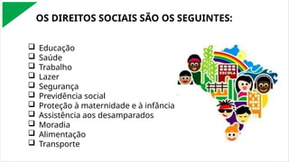 OS DIREITOS SOCIAIS SÃO OS SEGUINTES:
 Educação
 Saúde
 Trabalho
 Lazer
 Segurança
 Previdência social
 Proteção à maternidade e à infância
 Assistência aos desamparados
 Moradia
 Alimentação
 Transporte
 