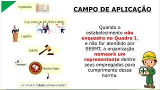 Quando o
estabelecimento não
enquadra no Quadro I,
e não for atendido por
SESMT, a organização
nomeará um
representante dentre
seus empregados para
cumprimento dessa
norma.
CAMPO DE APLICAÇÃO
 
