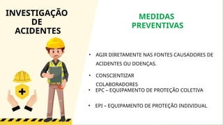 • CONSCIENTIZAR
COLABORADORES
• AGIR DIRETAMENTE NAS FONTES CAUSADORES DE
ACIDENTES OU DOENÇAS.
• EPC – EQUIPAMENTO DE PROTEÇÃO COLETIVA
• EPI – EQUIPAMENTO DE PROTEÇÃO INDIVIDUAL
MEDIDAS
PREVENTIVAS
INVESTIGAÇÃO
DE
ACIDENTES
 