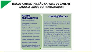 RISCOS AMBIENTAIS SÃO CAPAZES DE CAUSAR
DANOS À SAÚDE DO TRABALHADOR
 