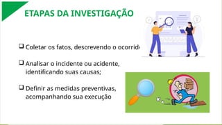  Coletar os fatos, descrevendo o ocorrido;
 Analisar o incidente ou acidente,
identificando suas causas;
 Definir as medidas preventivas,
acompanhando sua execução
ETAPAS DA INVESTIGAÇÃO
 