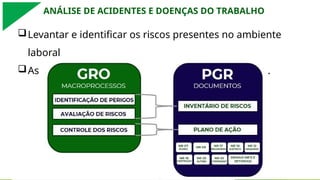 ANÁLISE DE ACIDENTES E DOENÇAS DO TRABALHO
Levantar e identificar os riscos presentes no ambiente
laboral
As análises podem ser quantitativas ou qualitativas.
 