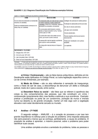 QUADRO 3 (2.2: Diagrama Classificação dos Problemas-exemplos fictícios)




        a) Crime / Contravenção – são os fatos típicos antijurídicos, definidos em lei.
Geralmente estão tipificados no Código Penal, ou outra legislação específica como a
Lei de Crimes Ambientais, por exemplo;
          b) Medo do Crime – são os atos referentes à sensação de insegurança,
como o medo de sair de casa, a desconfiança de denunciar um delito a instituição
policial, medo de ir para a escola, entre outros;
         c) Desordem física ou social – são fatos que se referem à aparência das
coisas ou dos comportamentos das pessoas, que não constituem um crime /
contravenção (propriamente dito); mas facilita e estimula a sua ocorrência. Exemplo:
praticar a prostituição na porta de um condomínio, pichação de muros e imóveis
numa rua deserta ou de grande circulação, manter um lote vago com a vegetação
elevada e sem estar devidamente cercado ou murado.


8.3     Análise – 2ª FASE
         O segundo estágio – ANÁLISE – é o coração do processo e por isso tem
grande importância no esforço para a solução do problema. Uma resposta adequada
não será possível a menos que se conheça, perfeitamente, a causa do problema. O
propósito da análise é aprender, o máximo possível, sobre o problema para poder
identificar suas causas.
        Uma análise completa envolve a seriedade do problema, todas as pessoas e

                                            33
 