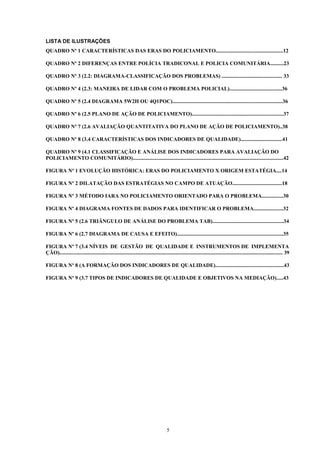 LISTA DE ILUSTRAÇÕES
QUADRO Nº 1 CARACTERÍSTICAS DAS ERAS DO POLICIAMENTO..................................................12

QUADRO Nº 2 DIFERENÇAS ENTRE POLÍCIA TRADICONAL E POLICIA COMUNITÁRIA..........23

QUADRO Nº 3 (2.2: DIAGRAMA-CLASSIFICAÇÃO DOS PROBLEMAS) ............................................. 33

QUADRO Nº 4 (2.3: MANEIRA DE LIDAR COM O PROBLEMA POLICIAL).......................................36

QUADRO Nº 5 (2.4 DIAGRAMA 5W2H OU 4Q1POC)..................................................................................36

QUADRO Nº 6 (2.5 PLANO DE AÇÃO DE POLICIAMENTO)....................................................................37

QUADRO Nº 7 (2.6 AVALIAÇÃO QUANTITATIVA DO PLANO DE AÇÃO DE POLICIAMENTO)..38

QUADRO Nº 8 (3.4 CARACTERÍSTICAS DOS INDICADORES DE QUALIDADE)...............................41

QUADRO Nº 9 (4.1 CLASSIFICAÇÃO E ANÁLISE DOS INDICADORES PARA AVALIAÇÃO DO
POLICIAMENTO COMUNITÁRIO)................................................................................................................42

FIGURA Nº 1 EVOLUÇÃO HISTÓRICA: ERAS DO POLICIAMENTO X ORIGEM ESTATÉGIA....14

FIGURA Nº 2 DILATAÇÃO DAS ESTRATÉGIAS NO CAMPO DE ATUAÇÃO.....................................18

FIGURA Nº 3 MÉTODO IARA NO POLICIAMENTO ORIENTADO PARA O PROBLEMA................30

FIGURA Nº 4 DIAGRAMA FONTES DE DADOS PARA IDENTIFICAR O PROBLEMA......................32

FIGURA Nº 5 (2.6 TRIÂNGULO DE ANÁLISE DO PROBLEMA TAB).....................................................34

FIGURA Nº 6 (2.7 DIAGRAMA DE CAUSA E EFEITO)...............................................................................35

FIGURA Nº 7 (3.4 NÍVEIS DE GESTÃO DE QUALIDADE E INSTRUMENTOS DE IMPLEMENTA
ÇÃO)...................................................................................................................................................................... 39

FIGURA Nº 8 (A FORMAÇÃO DOS INDICADORES DE QUALIDADE)...................................................43

FIGURA Nº 9 (3.7 TIPOS DE INDICADORES DE QUALIDADE E OBJETIVOS NA MEDIAÇÃO).....43




                                                                                     5
 