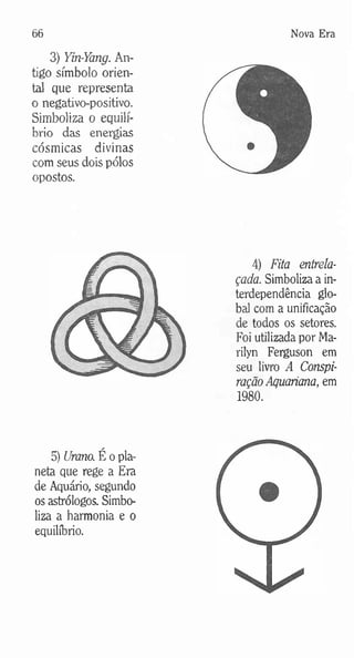 3) Yin-Yang. An­
tigo símbolo orien­
tal que representa
o negativo-positivo.
Simboliza o equilí­
brio das energias
cósmicas divinas
com seus dois pólos
opostos.
66
5) Urano. É o pla­
neta que rege a Era
de Aquário, segundo
os astrólogos. Simbo­
liza a harmonia e o
equilíbrio.
Nova Era
4) Fita entrela­
çada. Simboliza a in­
terdependência glo­
bal com a unificação
de todos os setores.
Foi utilizada por Ma­
rilyn Ferguson em
seu livro A Conspi­
raçãoAquariana, em
1980.
 