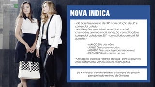 • 36 boletins mensais de 30” com citação de 5” e
comercial colado
• 4 ativações em datas comerciais com 60
chamadas promocionais por ação com citação e
comercial colado de 30” + consultoria com até 10
ouvintes*
- MARÇO Dia das mães
- JUNHO Dia dos namorados
- AGOSTO Dia dos pais (especial homens)
- DEZEMBRO Festas de fim de ano
• Ativação especial “Banho de loja” com 5 ouvintes
com tratamento VIP no festival NOVABRASIL
(*) Ativações condicionadas a compra do projeto
pelo período mínimo de 3 meses
 
