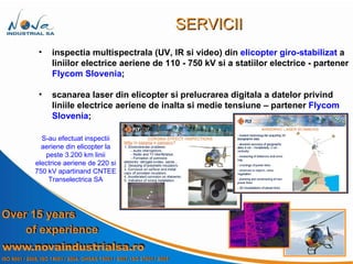 inspectia multispectrala (UV, IR si video) din  elicopter giro-stabilizat  a liniilor electrice aeriene de 110 - 750 kV si a statiilor electrice - partener  Flycom Slovenia ; scanarea laser din elicopter si prelucrarea digitala a datelor privind liniile electrice aeriene de inalta si medie tensiune – partener  Flycom Slovenia ;   SERVICII S-au  efectuat inspectii aeriene din elicopter la peste 3.200 km linii electrice aeriene de 220 si 750 kV apartinand CNTEE Transelectrica SA 