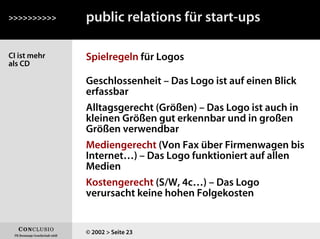 CI ist mehr
als CD
Spielregeln für Logos
>>>>>>>>>>
© 2002 > Seite 23
public relations für start-ups
Geschlossenheit – Das Logo ist auf einen Blick
erfassbar
Alltagsgerecht (Größen) – Das Logo ist auch in
kleinen Größen gut erkennbar und in großen
Größen verwendbar
Mediengerecht (Von Fax über Firmenwagen bis
Internet…) – Das Logo funktioniert auf allen
Medien
Kostengerecht (S/W, 4c…) – Das Logo
verursacht keine hohen Folgekosten
 