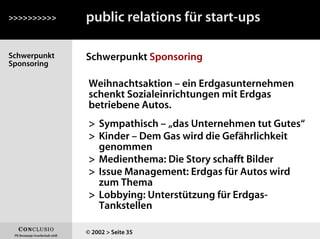 Schwerpunkt
Sponsoring
Schwerpunkt Sponsoring
>>>>>>>>>>
© 2002 > Seite 35
Weihnachtsaktion – ein Erdgasunternehmen
schenkt Sozialeinrichtungen mit Erdgas
betriebene Autos.
public relations für start-ups
> Sympathisch – „das Unternehmen tut Gutes“
> Kinder – Dem Gas wird die Gefährlichkeit
genommen
> Medienthema: Die Story schafft Bilder
> Issue Management: Erdgas für Autos wird
zum Thema
> Lobbying: Unterstützung für Erdgas-
Tankstellen
 