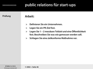 Prüfung Arbeit:
>>>>>>>>>>
© 2002 > Seite 46
> Definieren Sie ein Unternehmen.
> Legen Sie ein PR-Ziel fest.
> Legen Sie 1 – 2 messbare Teilziel und eine Öffentlichkeit
fest. Beschreiben Sie was wie gemessen werden soll.
> Schlagen Sie eine zielkonforme Maßnahme vor.
public relations für start-ups
 