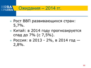 Ожидания – 2014 гг.
 Рост ВВП развивающихся стран:
5,7%.
 Китай: в 2014 году прогнозируется
спад до 7% (с 7,5%).
 Россия: в 2013 - 2%, в 2014 год —
2,8%.
32
 
