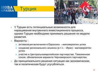 Турция
 У Турции есть потенциальные возможности для
наращивания внутреннего инвестиционного процесса,
однако Турции необходимо принимать решения по модели
развития.
 Варианты :
 активизация включения в Евросоюз - маловероятен успех
 создание регионального альянса (в т.ч. - Иран) - маловероятен
успех
 участие в Центральноевропейском партнерстве, Таможенном
союзе, обновленном варианте Черноморского партнерства.
 До принципиального решения ситуация как экономическая,
так и политическая будут усугубляться.
40
 
