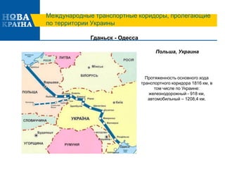 Международные транспортные коридоры, пролегающие
по территории Украины
Гданьск - Одесса
Польша, Украина
Протяженность основного хода
транспортного коридора 1816 км, в
том числе по Украине:
железнодорожный - 918 км,
автомобильный – 1208,4 км.
 