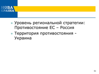  Уровень региональной стратегии:
Противостояние ЕС – Россия
 Территория противостояния -
Украина
61
 