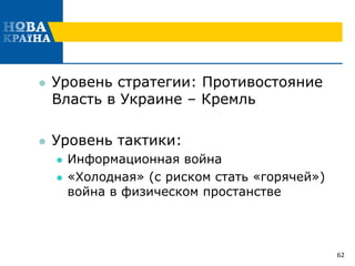  Уровень стратегии: Противостояние
Власть в Украине – Кремль
 Уровень тактики:
 Информационная война
 «Холодная» (с риском стать «горячей»)
война в физическом простанстве
62
 