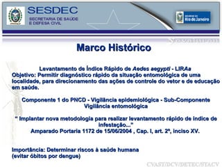 Levantamento de Índice Rápido de  Aedes aegypti -  LIR Aa   Objetivo: Permitir diagnóstico rápido da situação entomológica de uma localidade, para direcionamento das ações de controle do vetor e de educação em saúde. Componente 1 do PNCD - Vigilância epidemiológica - Sub-Componente Vigilância entomológica “  Implantar nova metodologia para realizar levantamento rápido de índice de infestação...” Amparado Portaria 1172 de 15/06/2004 , Cap. I, art. 2º, inciso XV.  Importância: Determinar riscos à saúde humana  (evitar óbitos por dengue) Marco Histórico 