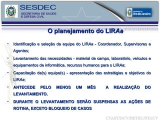 O planejamento do LIR Aa Identificação e seleção da equipe do LIR Aa  - Coordenador, Supervisores e Agentes; Levantamento das necessidades - material de campo, laboratório, veículos e equipamentos de informática, recursos humanos para o LIR Aa ; Capacitação da(s) equipe(s) - apresentação das estratégias e objetivos do LIR Aa ; ANTECEDE PELO MENOS UM MÊS  A REALIZAÇÃO DO LEVANTAMENTO. DURANTE O LEVANTAMENTO SERÃO SUSPENSAS AS AÇÕES DE ROTINA, EXCETO BLOQUEIO DE CASOS 