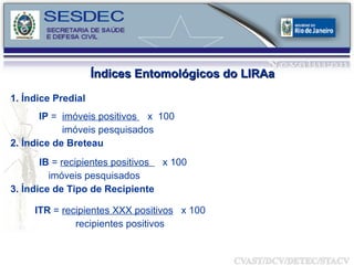 Índices Entomológicos do LIRAa 1. Índice Predial IP  =  imóveis positivos  x  100   imóveis pesquisados 2. Índice de Breteau IB  =  recipientes positivos  x 100 imóveis pesquisados  3. Índice de Tipo de Recipiente ITR  =  recipientes XXX positivos   x 100 recipientes positivos 