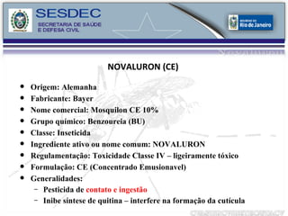 Origem: Alemanha Fabricante: Bayer Nome comercial: Mosquilon CE 10% Grupo químico: Benzoureia (BU)  Classe: Inseticida Ingrediente ativo ou nome comum: NOVALURON Regulamentação: Toxicidade Classe IV – ligeiramente tóxico Formulação: CE (Concentrado Emusionavel) Generalidades: Pesticida de  contato e ingestão Inibe síntese de quitina – interfere na formação da cutícula NOVALURON (CE)   