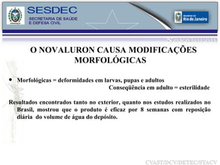 O NOVALURON CAUSA MODIFICAÇÕES MORFOLÓGICAS  Morfológicas = deformidades em larvas, pupas e adultos Conseqüência em adulto = esterilidade Resultados encontrados tanto no exterior, quanto nos estudos realizados no Brasil, mostrou que o produto é eficaz por 8 semanas com reposição diária  do volume de água do depósito. 