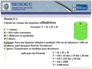 Fórmula: V = K x D 2  x H  Exemplo . Para um depósito cilíndrico medindo 150 cm de diâmetro e 200 cm de altura, qual dosagem final de Novaluron? 1º passo: Transformar as medidas para decímetro. Aplicação da Fórmula V = K x D 2  x H V = 0.8 x 15 dm x 15 dm x 20 dm V = 0.8 x 225 dm x 20 dm V = 0.8 x 4500 V= 3.600 litros V  = volume K = 0,8 (valor constante) D² = diâmetro ao quadrado H = altura Método Nº 2  Cálculo do volume dos depósitos  cilíndricos D 